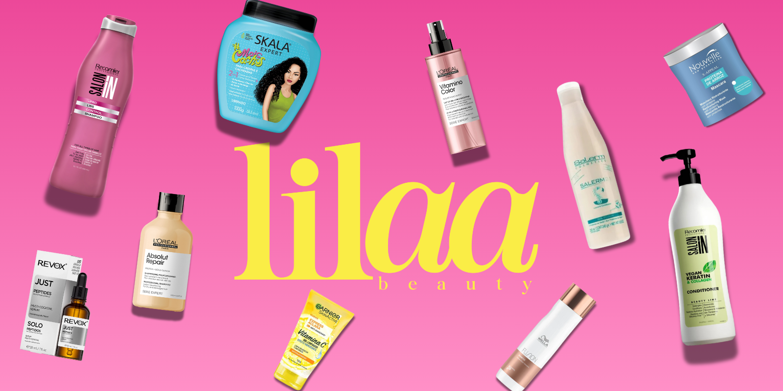 Variedad de productos de cuidado personal de Lilaa sobre un fondo rosa, incluyendo champús, acondicionadores y tratamientos capilares.